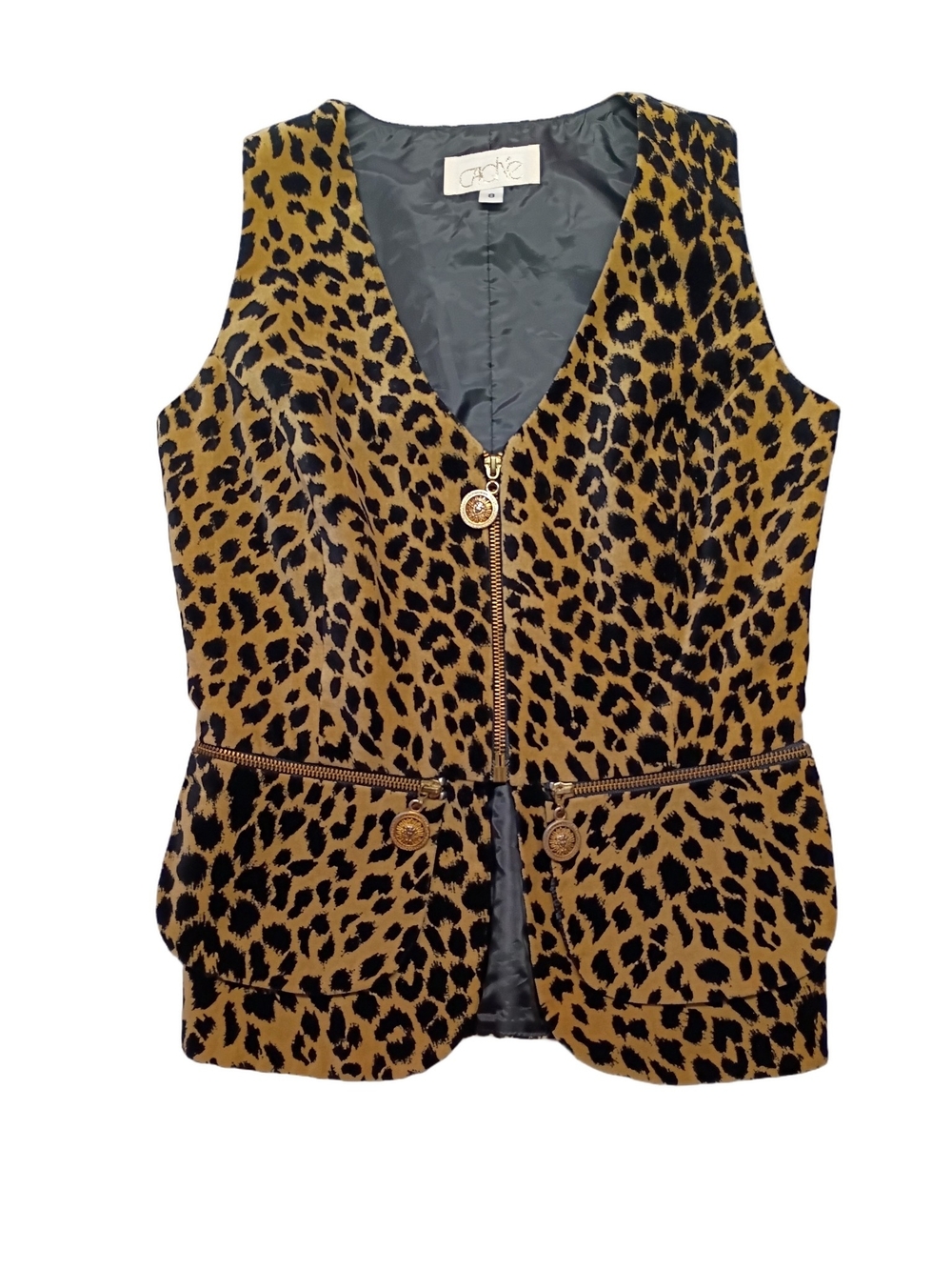 Cache Velvet Leopard Print Zip Vest in Gold and Black